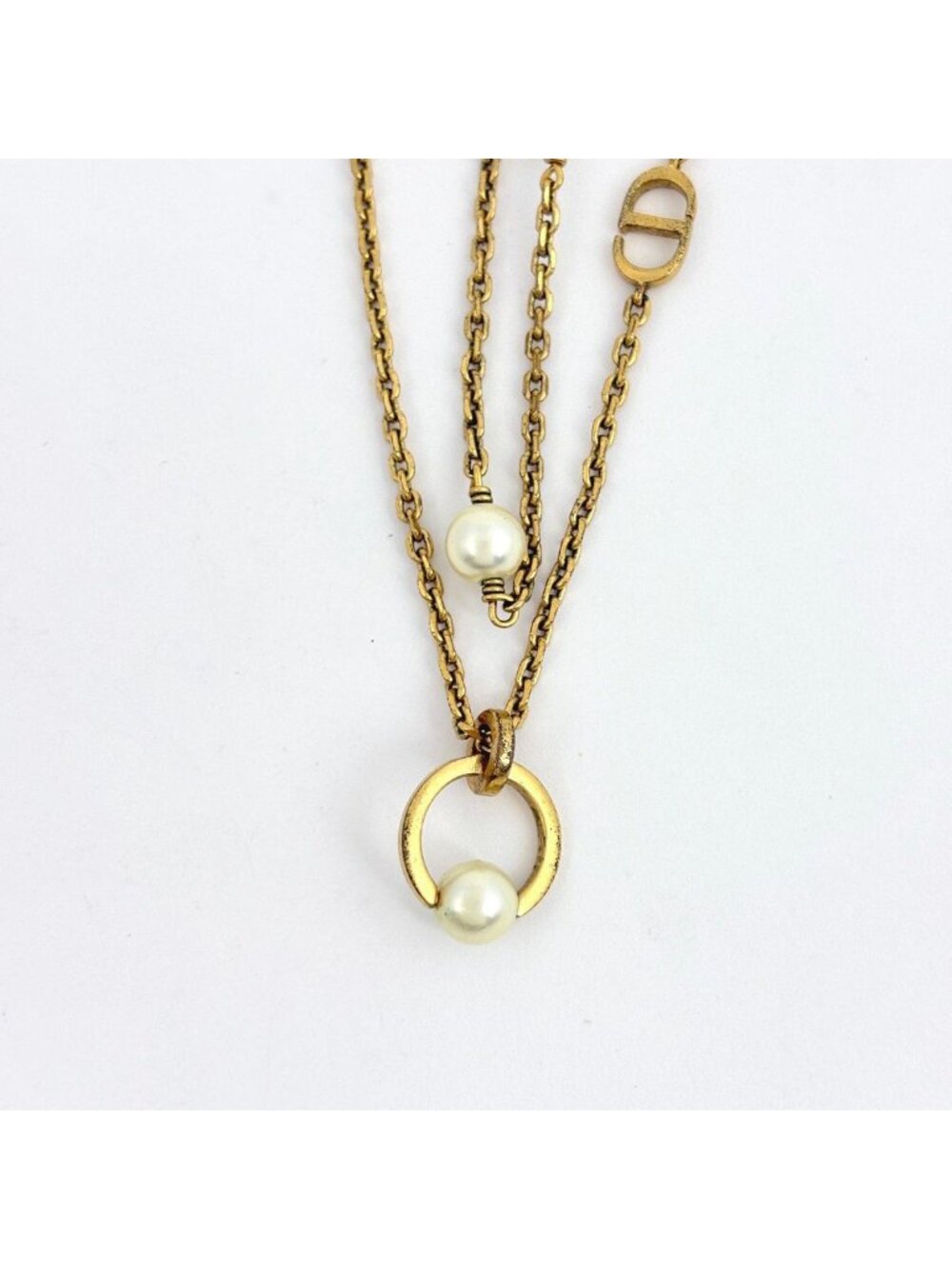 Dior Logo Faux Pearl Necklace Double Strand Gold Plated - Picture 2 of 4